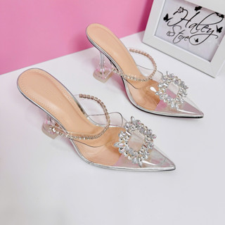 (LÊN 1 SIZE) Giày guốc cao gót 9cm HALEY STORE quai trong suốt đính đá 1 nhọn xoàn đá pha lê công chúa tiểu thư cô dâu