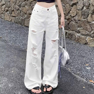 (ẢNH THẬT - giảm ngay 10k) Quần ống suông nữ lưng cao màu trắng rách gối mẫu mới thời trang TQ JEAN