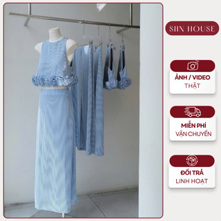 Sét bộ áo crop top đính hoa + Chân váy xanh dài kẻ sọc xanh da trời - Siin House D0162