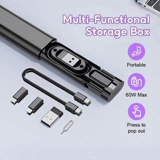 Hộp lưu trữ kỹ thuật số đa chức năng di động,Cáp sạc nhanh 60W Type C+Đầu chuyển đổi USB/Micro LN