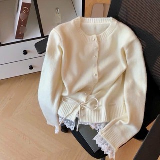   SẴN  Áo len cardigan tiểu thư cổ tròn phối ren chất len lông thỏ mềm mịn phong cách điều đà bánh bèo - 226 