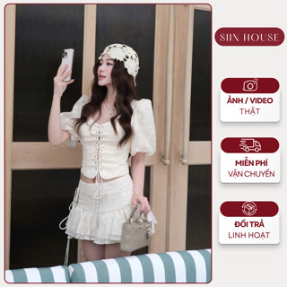 Set Bộ Tiểu Thư Siin House D0139 Áo Corset Tay Phồng Và Chân Váy Xòe Vải Boil Thêu Hoa