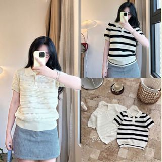 Áo len mongtoghi Maia áo len mỏng màu muối tiêu kẻ to ngang basic cổ bẻ