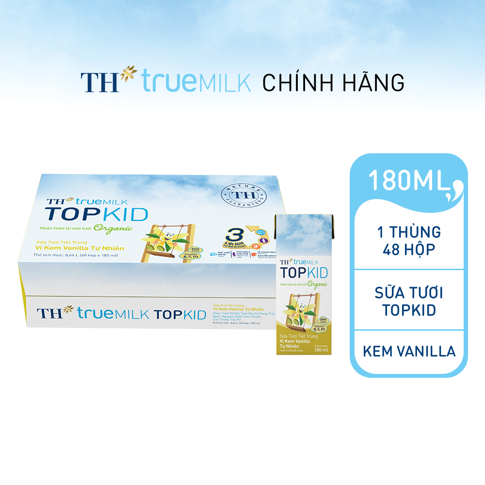 Thùng 48 hộp sữa tươi tiệt trùng TH true MILK TOPKID Organic vị kem vanilla tự nhiên 180ml (180ml x48)