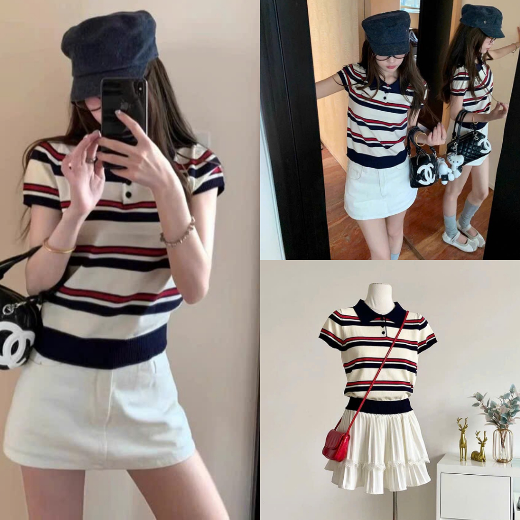 Áo Len Polo Cộc Tay Phối Xanh Đỏ Cài Cúc, Labibi