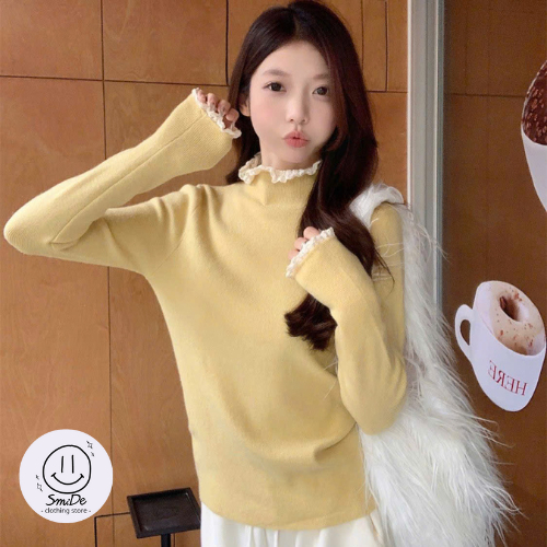 Áo Len Giữ Nhiệt Màu Trơn Tay Dài Viền Ren Cổ Và Ống Tay, Áo Len Dệt Kim Tăm Dáng Ôm Cơ Thể Thời Trang Nữ Hàn Quốc  Smid