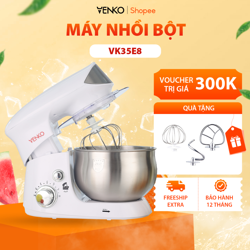 Máy Nhào Bột Venko - 3 Đầu Trộn - Máy Đánh Trứng, Trộn Thịt Cỡ Lớn Đa Năng 4Lít - 3 Trong 1 Tự Động