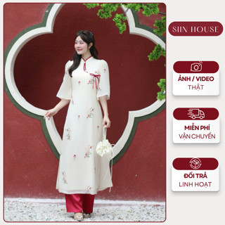 Set Áo Dài Cách Tân Siin House Dáng Suông Tơ Thêu Hoa Đính Nơ Kèm Quần Lụa Mặc Tết