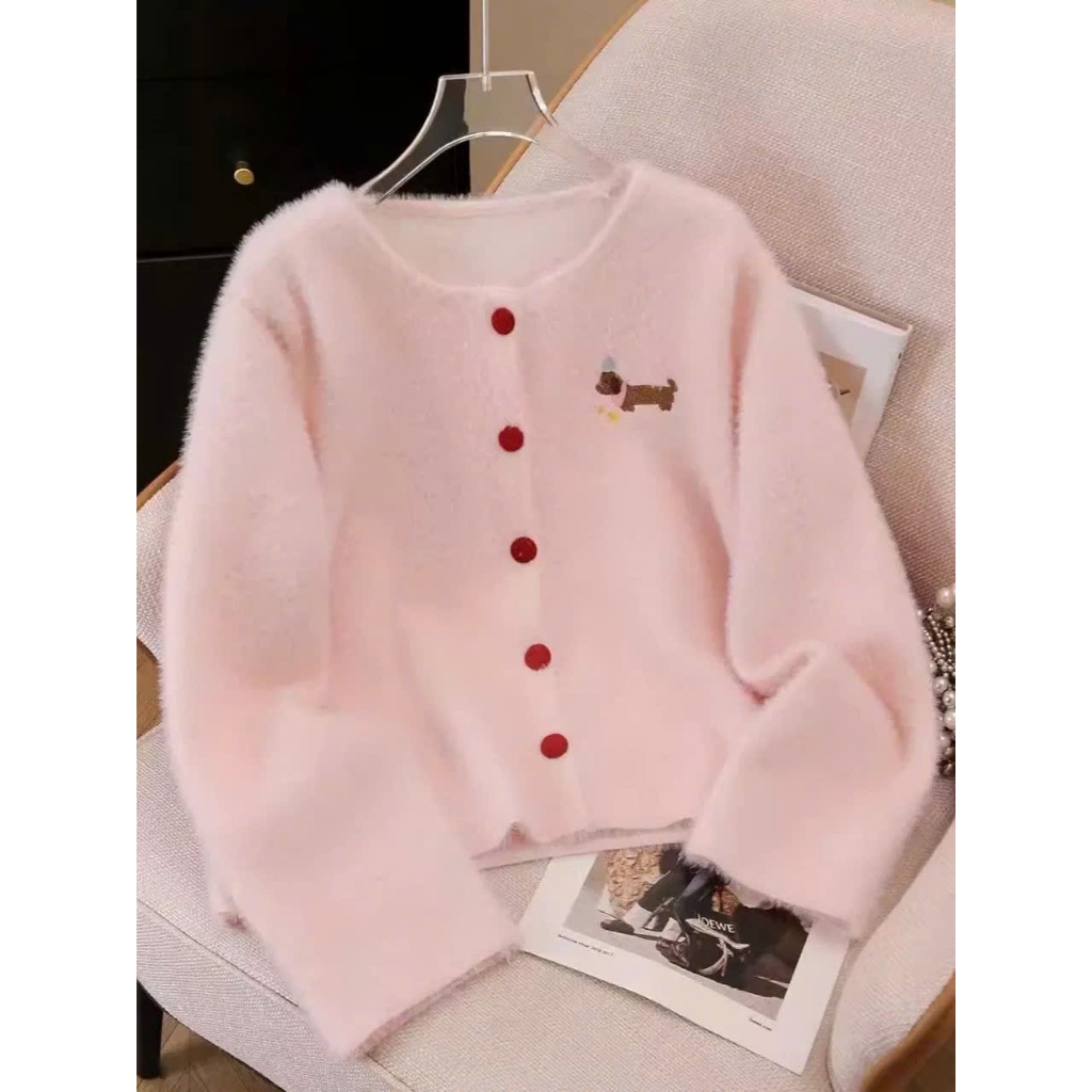 [SẴN] Áo khoác len lông thỏ nữ màu hồng, Cardigan lông mềm mịn thêu hình dễ thương dáng rộng - 148 | BigBuy360 - bigbuy360.vn