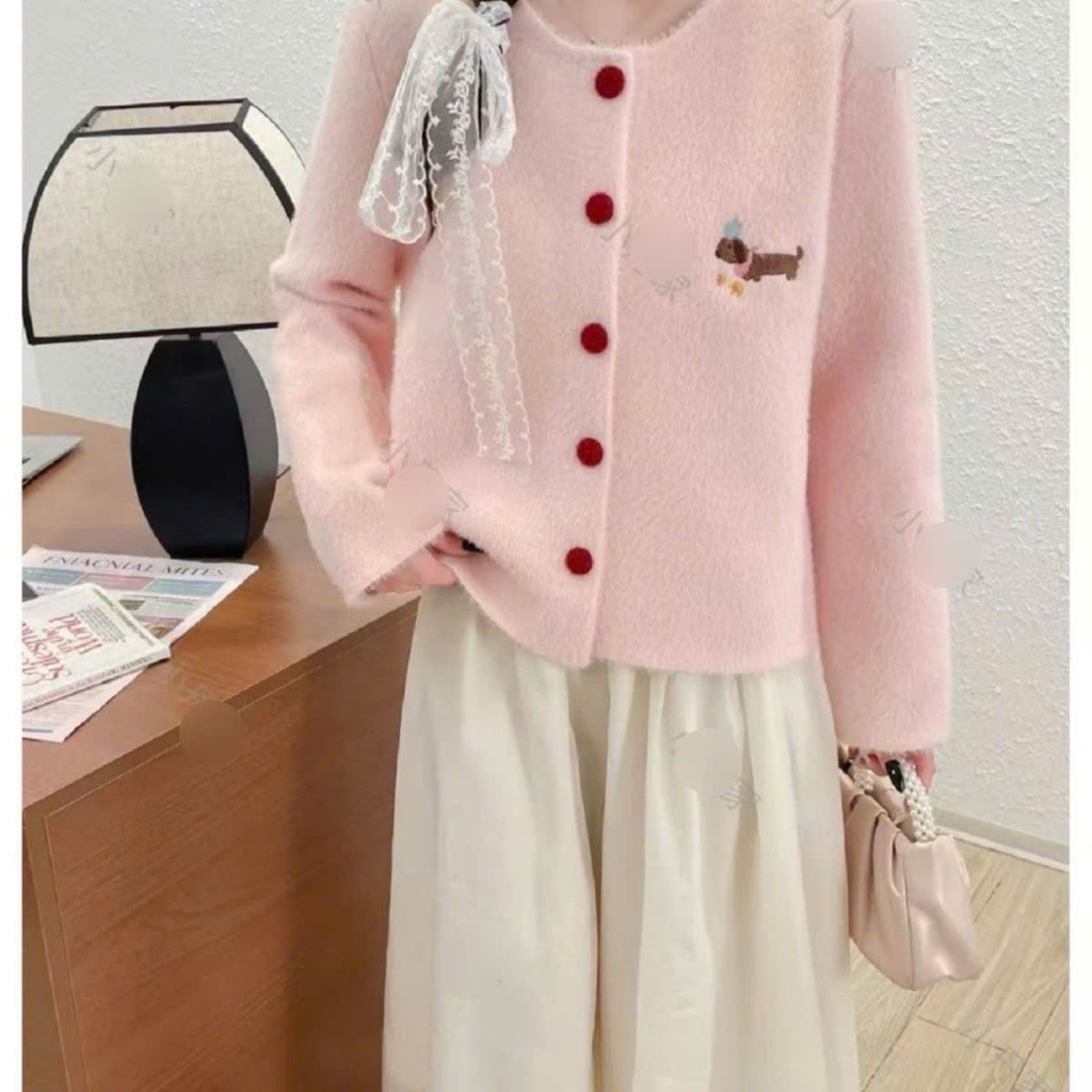 [SẴN] Áo khoác len lông thỏ nữ màu hồng, Cardigan lông mềm mịn thêu hình dễ thương dáng rộng - 148 | BigBuy360 - bigbuy360.vn
