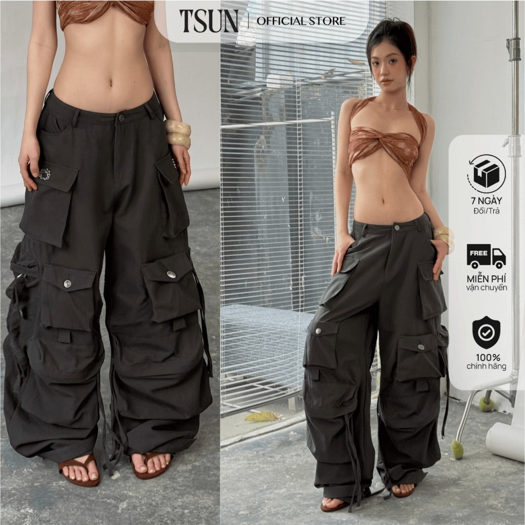 TSUN - Quần Cargo Ống Rộng Baggy Cạp Thấp Nhiều Túi Hộp Xám Than Kaki Y2K Streetwear Cao Cấp | BigBuy360 - bigbuy360.vn
