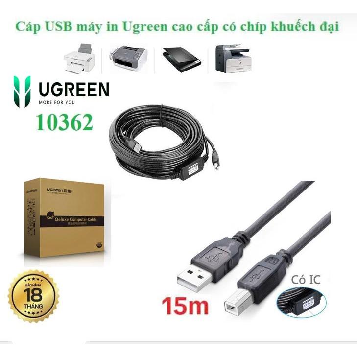 Dây Cáp USB 2.0 máy IN Ugreen 10374 10362 US122 (USB A 2.0 - USB B+Chíp sét khuếch đại)