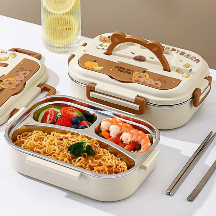 Hộp Cơm Inox 3 Ngăn Giữ Nhiệt hình Capybara – Lunch Box Cao Cấp CICI HC3NCA19