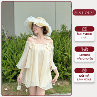  Set Bộ Nàng Thơ Siin House D0154 Áo Babydoll 2 Dây Đính Nơ Trễ Vai Kèm Quần Short Đi Biển 
