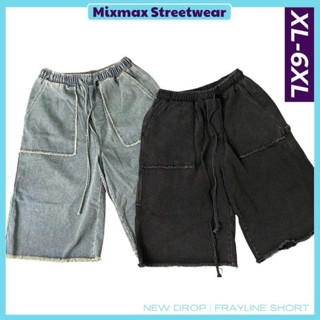 [SẴN HOẢ TỐC-CÓ BIG SIZE] FRAYLINE- Quần short jean lửng qua gối tua rua Premium Denim form rộng cạp chun dây rút unisex