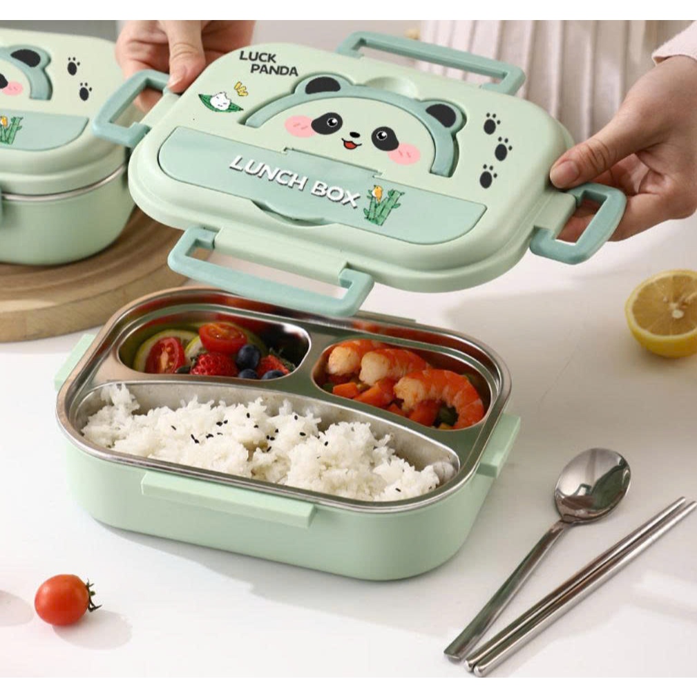 Hộp Cơm Inox 3 Ngăn Giữ Nhiệt Hình Gấu Panda – Lunch Box Panda Cao Cấp LILA HC3NCA19