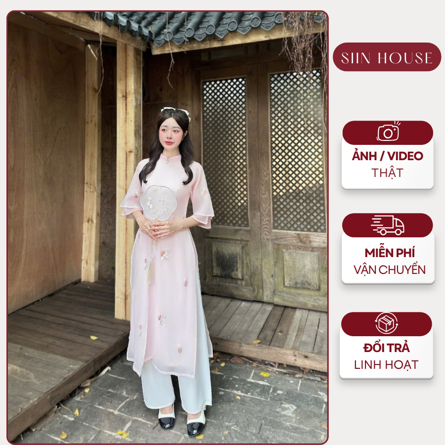 Set Áo Dài Cách Tân Siin House AD132 Vải Tơ Thêu Hoa Đính Ngọc Kèm Quần Lụa Mặc Tết