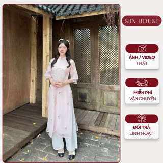Set Áo Dài Cách Tân Siin House AD132 Vải Tơ Thêu Hoa Đính Ngọc Kèm Quần Lụa Mặc Tết