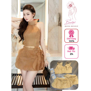    Sẵn - Hỏa Tốc   Set Áo Cổ Yếm Voan Tơ Chuẩn CHOUCHOU Chân Váy Ngắn Đính Hoa Phối Bèo Sang Chảnh 