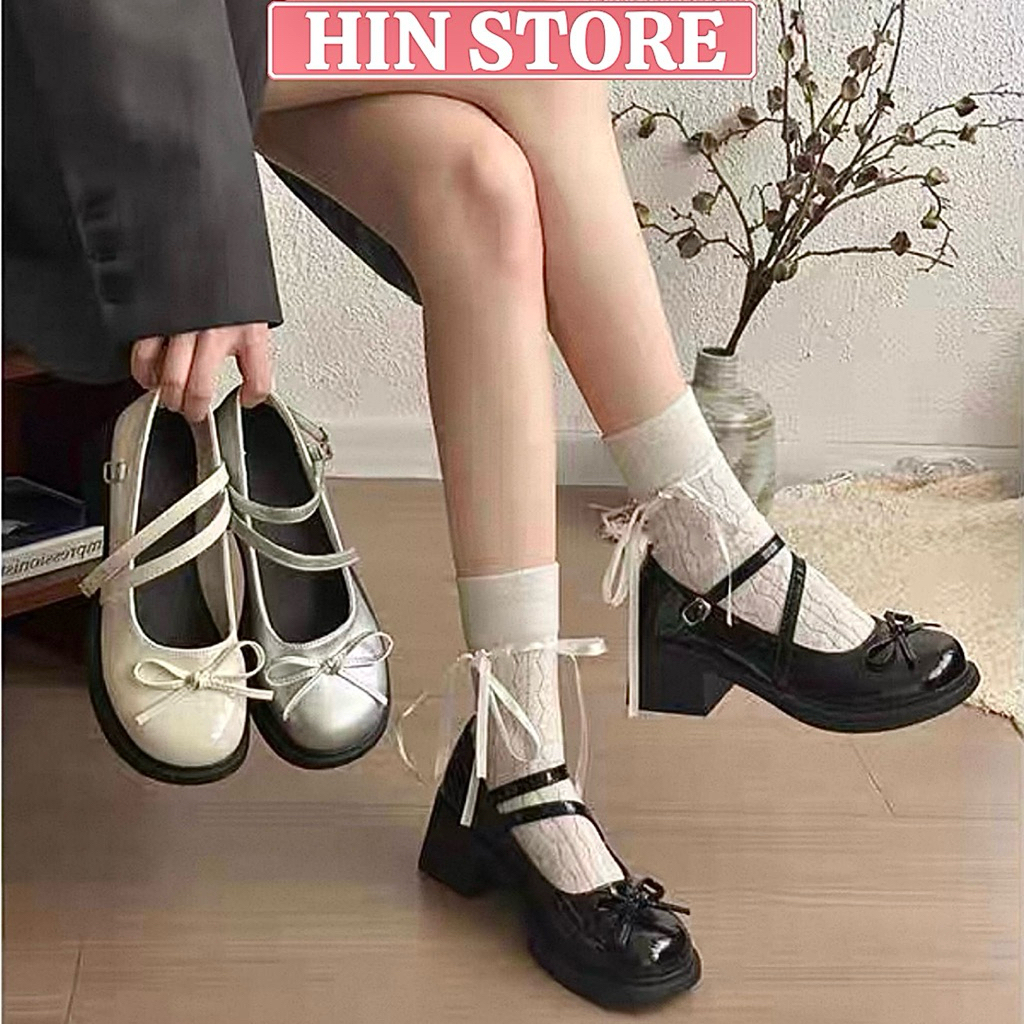 Giày búp bê nữ cao gót 5p lolita tiểu thư da mềm đính nơ quai cài đi chơi, đi học hottrend MS51