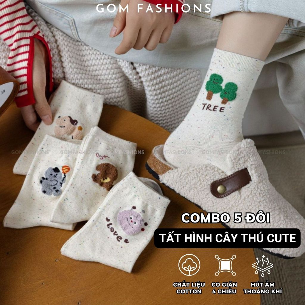 Set 5 đôi tất nữ cổ trung mang mùa hè GOMTAT, vớ chân phong cách Hàn Quốc cute, chất cotton mềm mịn – JIN-2518-CB5