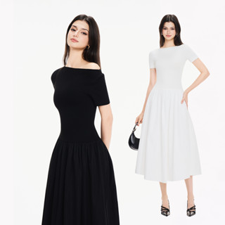 RECHIC Đầm dài Auriane dáng xòe tay ngắn cổ thuyền trẻ trung thanh lịch