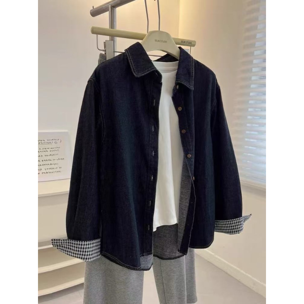 Áo Sơ Mi Denim Phối Ống Tay kẻ ,Áo Sơ Mi Nữ Bò Basic Hàn Quốc