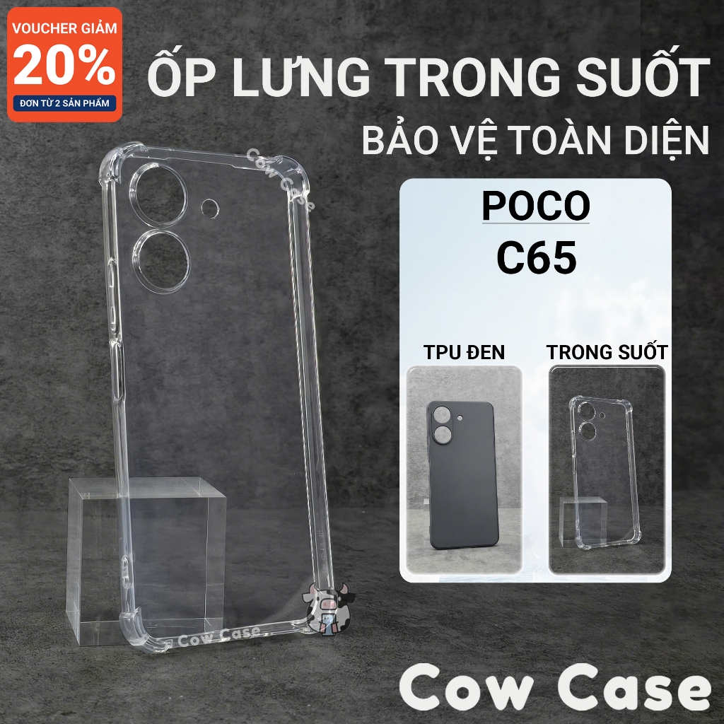 Ốp lưng Poco C65 Cow case màu đen | Ốp điện thoại Xiaomi dẻo bảo vệ camera đt toàn diện