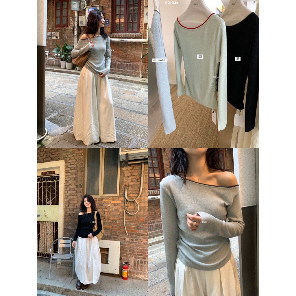 mie studio - /HERS/ 92133 Áo len dài tay hở vai form ôm tôn dáng