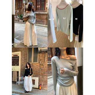 mie studio - /HERS/ 92133 Áo len dài tay hở vai form ôm tôn dáng