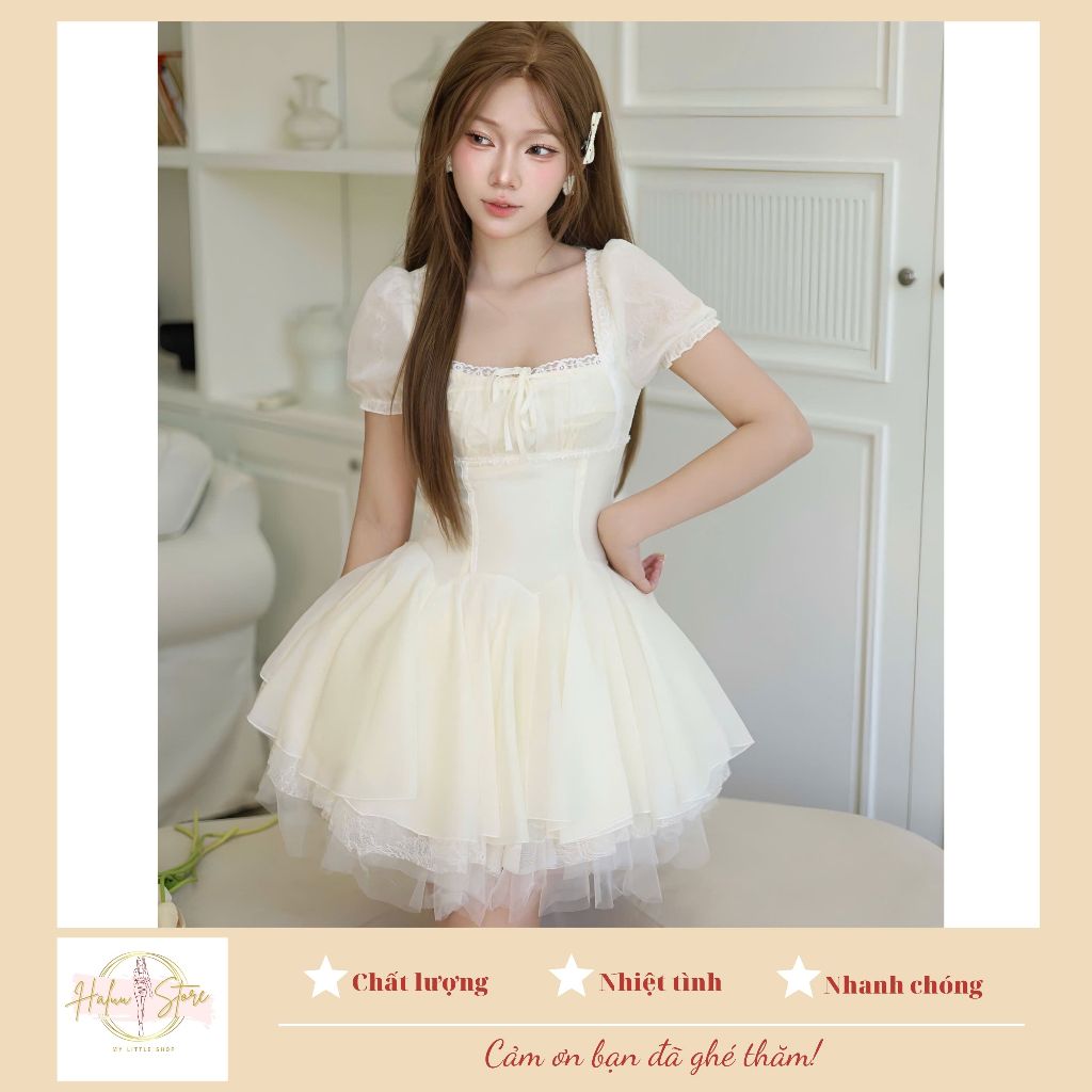 Đầm xoè bồng cổ vuông phối ren nhiều lớp HH105 HaLuu Store phong cách tiểu thư
