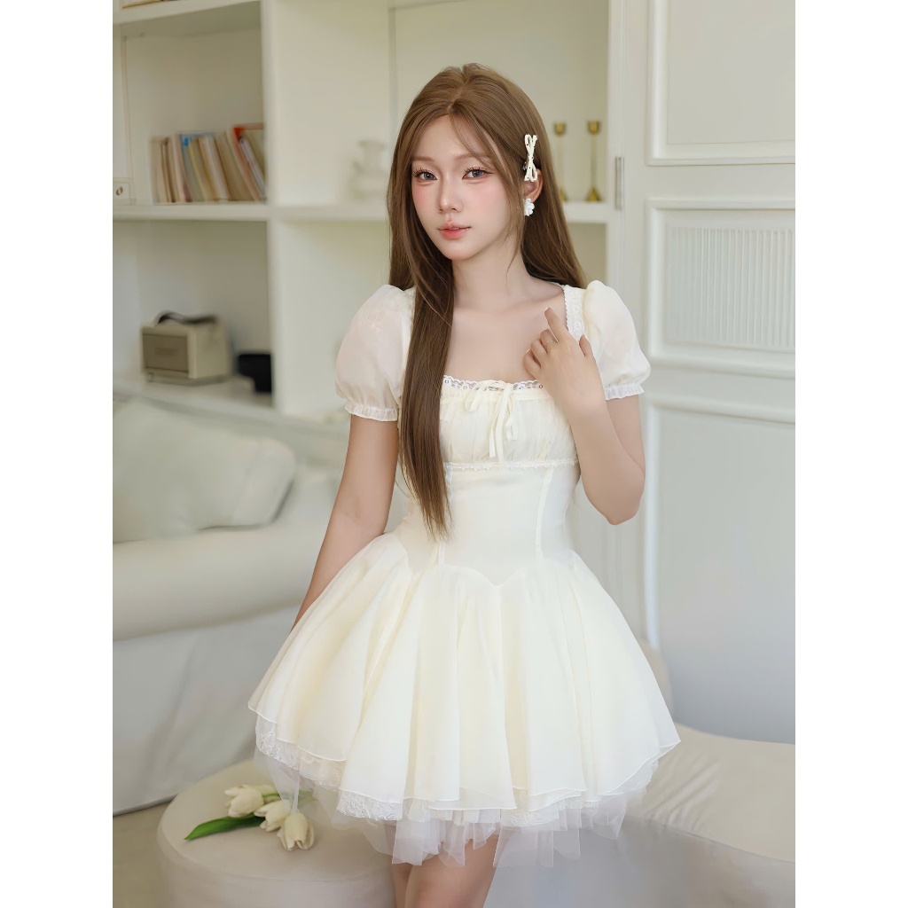 Đầm xoè bồng cổ vuông phối ren nhiều lớp HH105 HaLuu Store phong cách tiểu thư | BigBuy360 - bigbuy360.vn