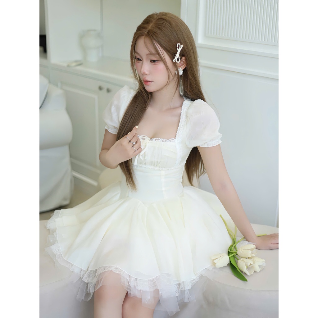 Đầm xoè bồng cổ vuông phối ren nhiều lớp HH105 HaLuu Store phong cách tiểu thư | BigBuy360 - bigbuy360.vn