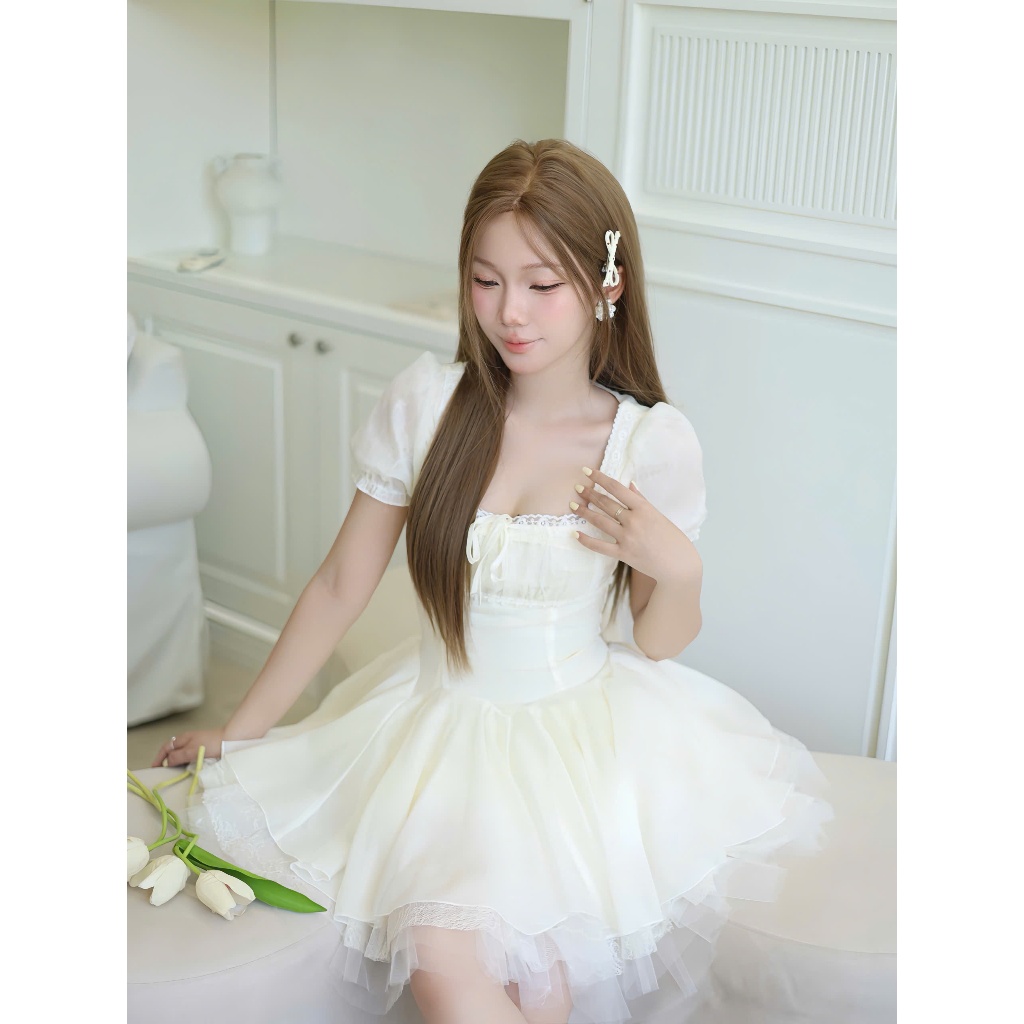 Đầm xoè bồng cổ vuông phối ren nhiều lớp HH105 HaLuu Store phong cách tiểu thư | BigBuy360 - bigbuy360.vn