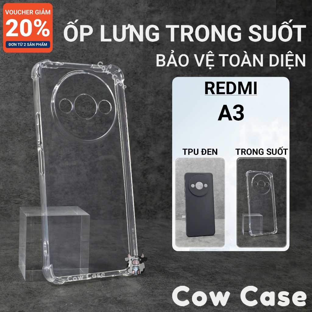 Ốp lưng Redmi A3 cạnh vuông Cow case màu đen | Ốp điện thoại Xiaomi bảo vệ camera đt toàn diện