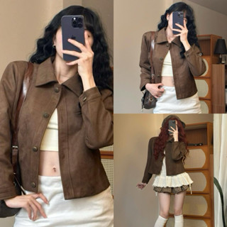 [KÈM MÓC+BỌC PHỦ]ÁO KHOÁC DA LỘN DÁNG CROPTOP CÚC ĐỒNG MÀU NÂU ĐẬM CỔ BẺ DÁNG NGẮN - DÀNH CHO NỮ AD.705