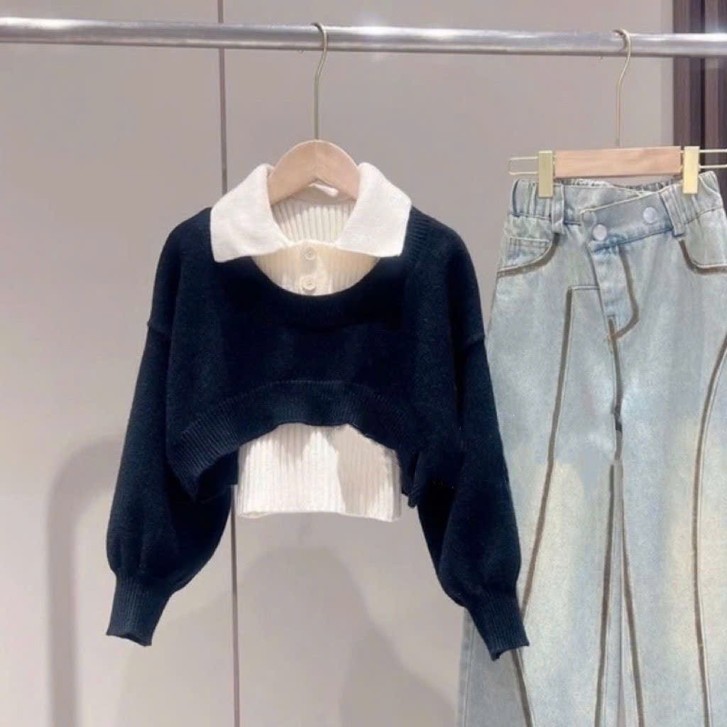 Áo len thu đông set 2 món thiết kế cổ sơ mi phối tay bồng hottrend HMH SP242 | BigBuy360 - bigbuy360.vn