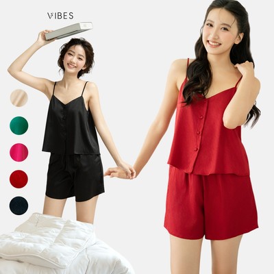 VIBES Đồ bộ 2 dây cổ V Lụa gấm xước Straps Set