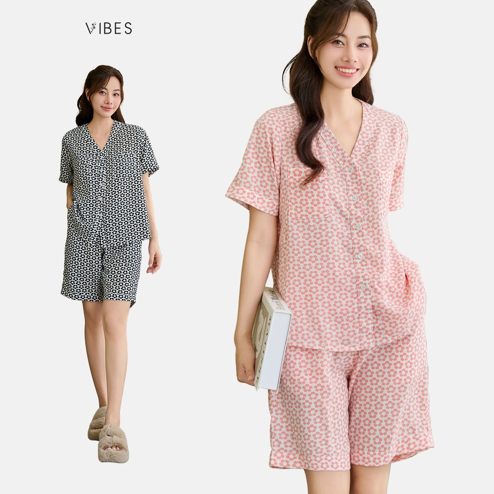 VIBES Pijama ngắn cổ V Vie Jane Py Set phom rộng từ 37-80kg