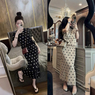 Set len nữ áo chấm bi mongtoghi kèm chân váy len dáng dài mùa thu đông