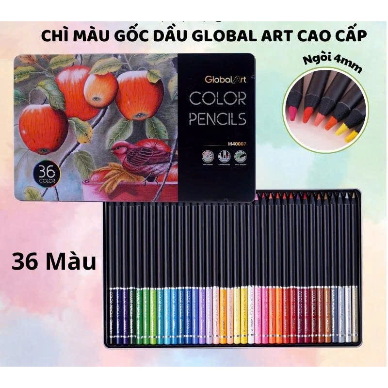Bút Chì Màu Gốc Dầu 36 Màu Global Art Hộp Thiếc Cao Cấp Màu Sắc Đậm Nét Có Thể Đè Màu, Blend Màu M40