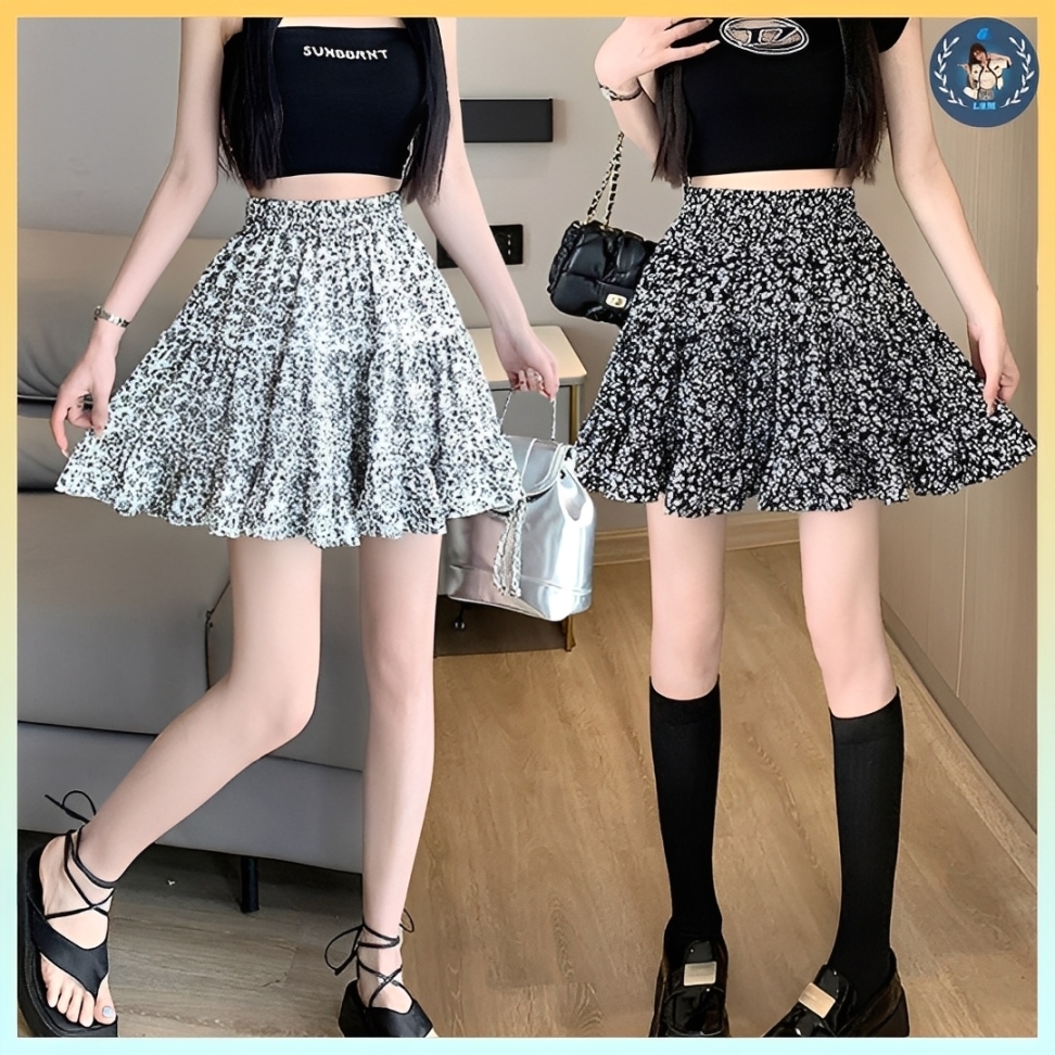 💥[Q089] Chân váy xòe PHỦ ĐẦY HOA LÁ ghép tầng có lót trong dáng ngắn xinh xắn - L2M