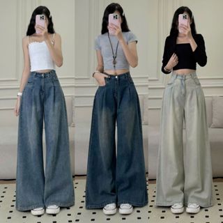  Quần Jean nữ Kimii ống rộng xếp ly lưng cao dài 100cm co giãn tôn dáng bản pre 