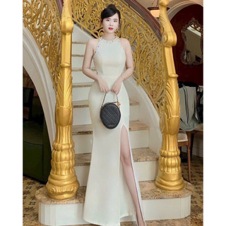 Đầm dạ hội / dự tiệc thiết kế body cổ yếm đính đá
