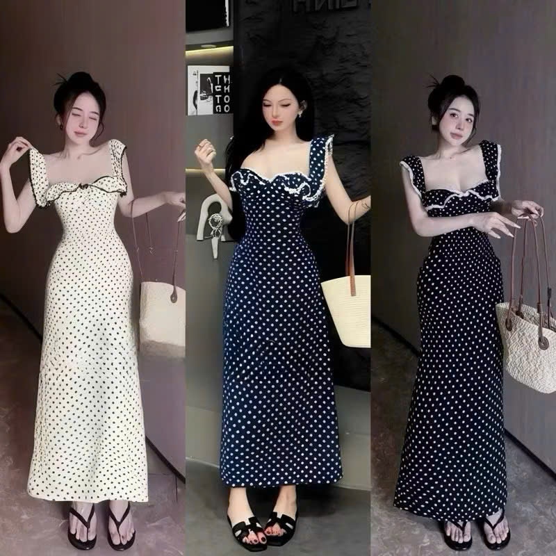 Đầm body dáng dài chấm bi tay bèo trễ vai tiểu thư dễ thương D210 MOMYNA, váy nữ sang chảnh đi tiêc 