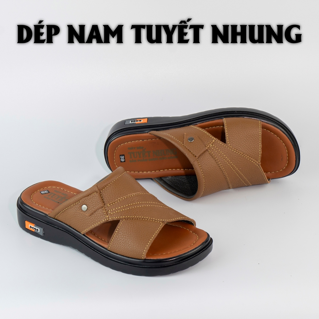 Dép da nam quai ngang đế boss cao 3cm màu nâu đỏ/vàng