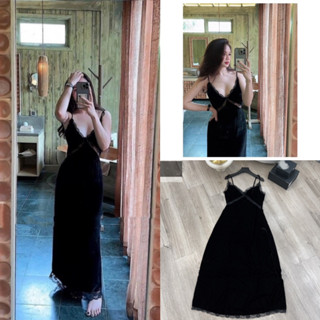  Váy nhung the hai dây viền ren sexy dáng dài 