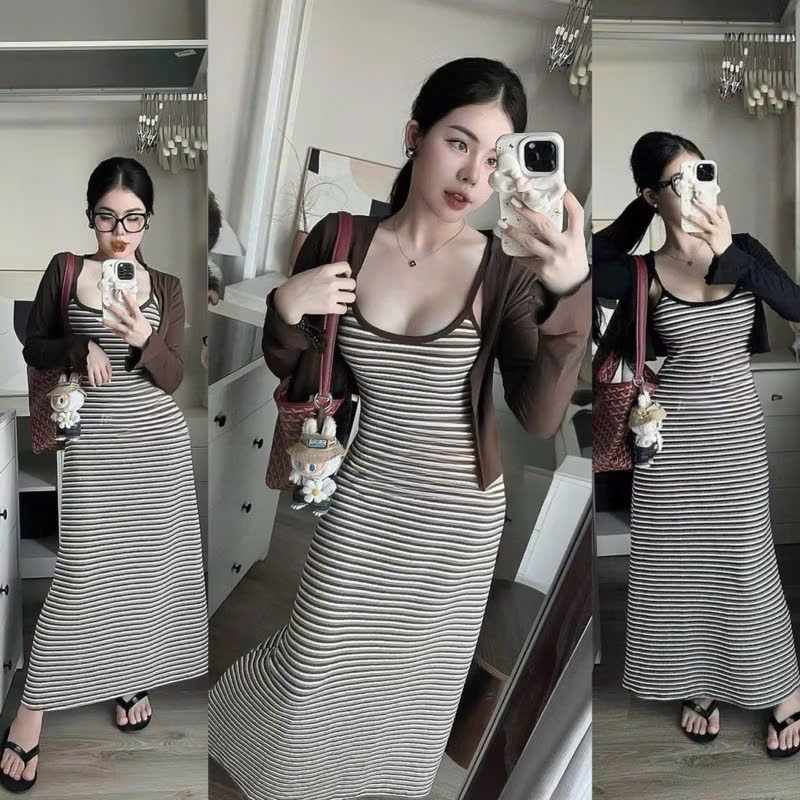 Set Váy Đầm Nữ Body 2 Dây Dáng Dài LONACO D208,Đầm Body Nữ Thiết Kế Sọc Ôm Body Kèm Áo Khoác Dài Tay | BigBuy360 - bigbuy360.vn
