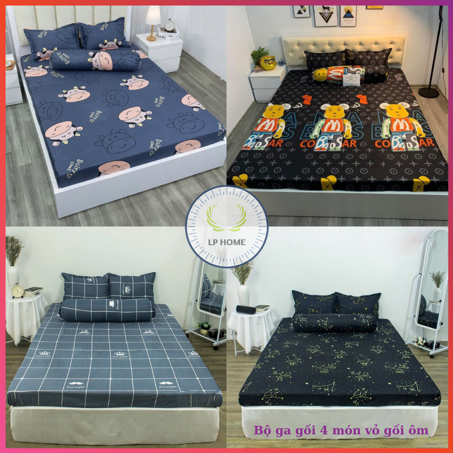 Bộ poly cotton 4 món ga 2 vỏ gối và vỏ gối ôm nhiều màu ngộ nghĩnh đáng yêu - Bo chun m2 m6 m8 2m