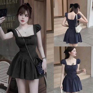 Đầm Tiểu Thư Cổ Vuông Tay Phồng Dáng Trễ Hoạ Tiết Kẻ Sọc Phối Nơ